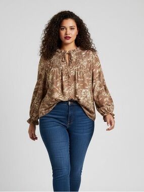 Torrid Plus Size Floral Pintuck Peasant Baby Doll Blouse Brown Plus Size 4